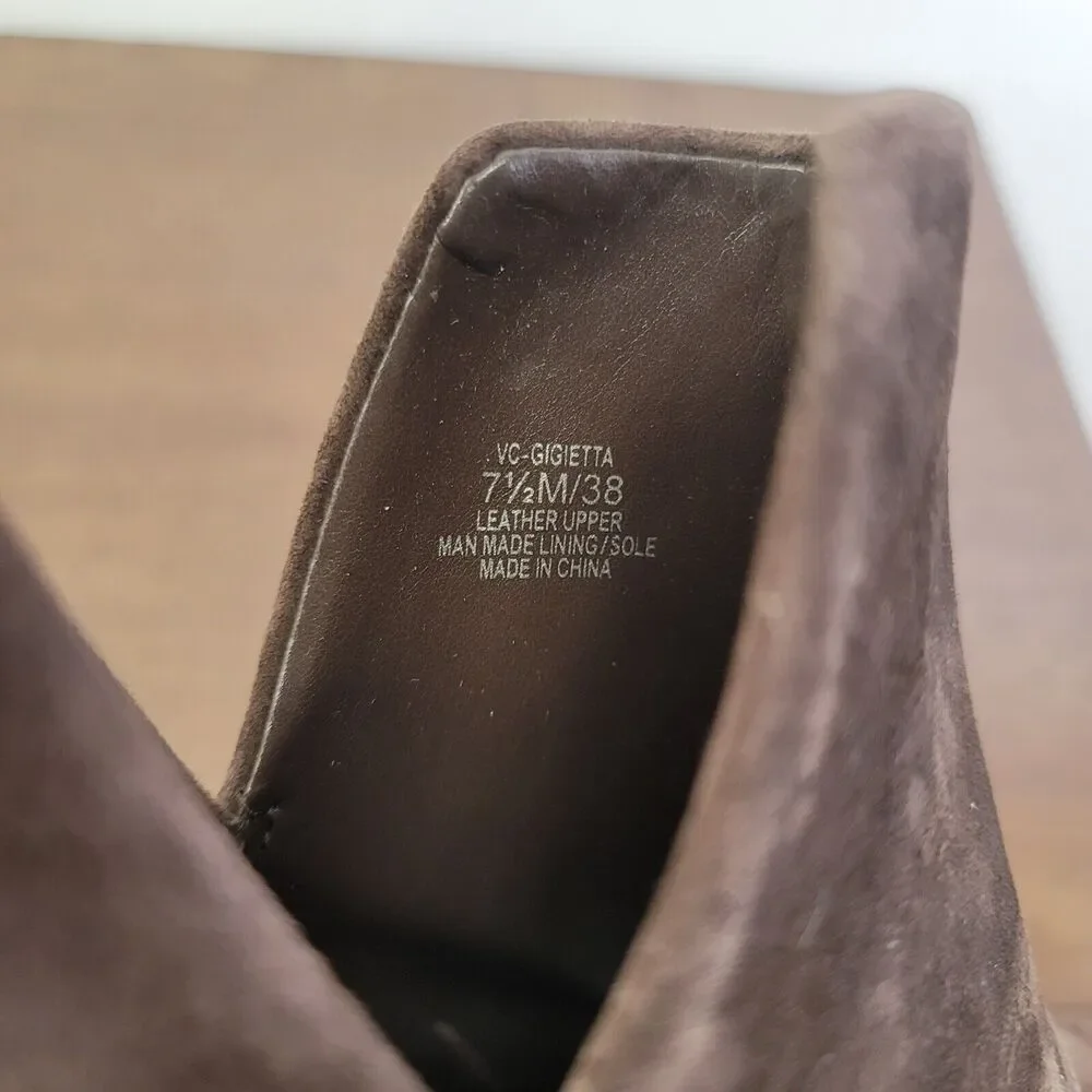 Vince Camuto Brown Suede Pointed Ankle Booties with Stacked Heel